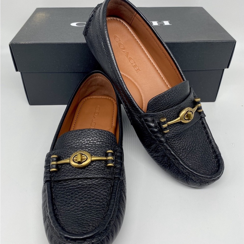 Coach Women’s Crosby Turnlock Black Leather Loafers with Gold Accents
